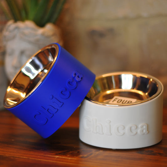 Ciotola Personalizzata con Nome per gatti elevata rialzata colore bianco e blu